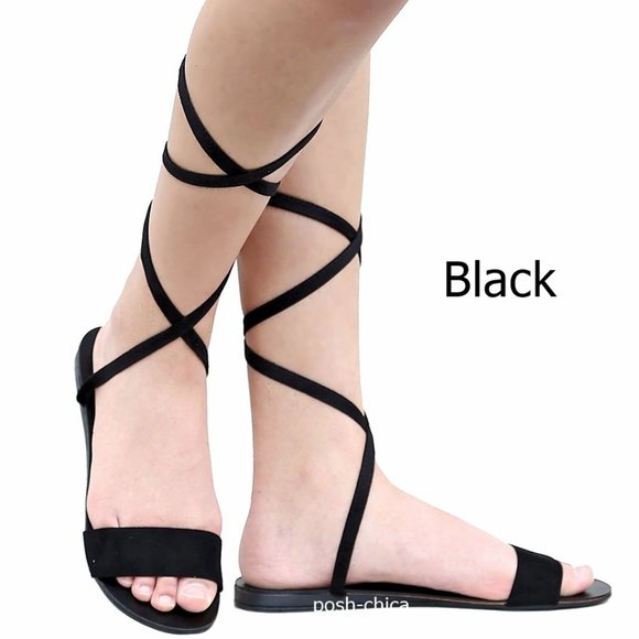New Black Lace Up Flat Sandals - Picture 1 of 4
